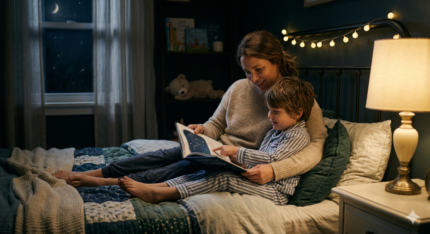 calming image in a nighttime environment of a parent sitting beside a child