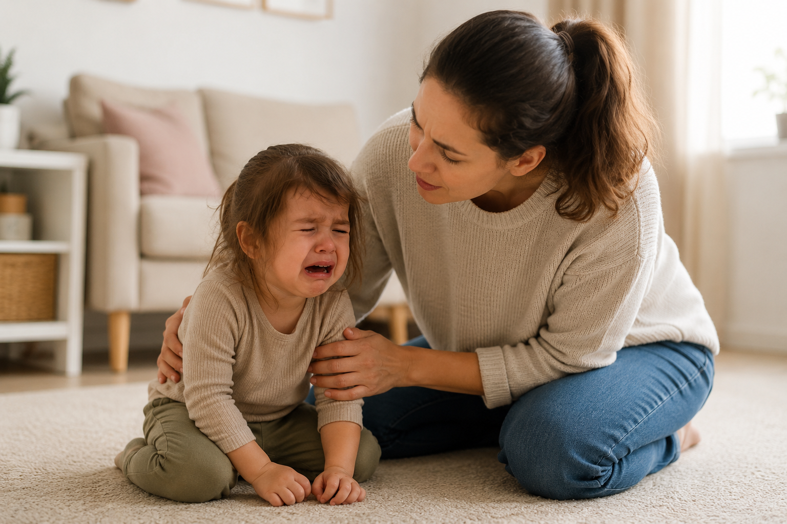 Mom calming overwhelmed child