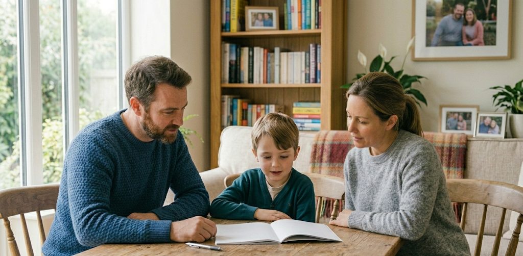 A medium shot of a supportive mother and father sitting at a rustic wooden dining table, gently guiding their young son with his schoolwork. The family is positioned in a cozy, sunlit living room with a bookshelf and a sofa in the background. The father, on the left in a textured blue sweater, and the mother, on the right in a grey knit sweater, both lean in with focused, encouraging expressions toward their son, who sits between them looking down at an open notebook. A single pen rests on the table in front of them, capturing a quiet, warm moment of parental guidance.