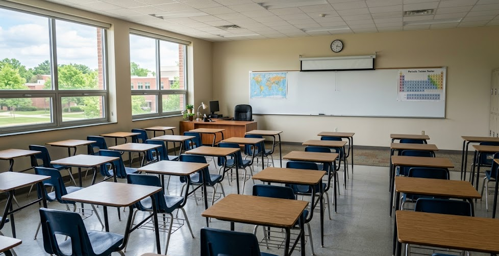 An empty high school or college classroom filled with several rows of wood-topped student desks with blue plastic chairs. Large windows on the left wall look out onto a grassy green campus with buildings in the background, letting in bright natural light. The front wall features a large white whiteboard, a pull-down projector screen, a wall clock, and educational posters. A teacher's wooden desk with a black office chair sits near the front corner.