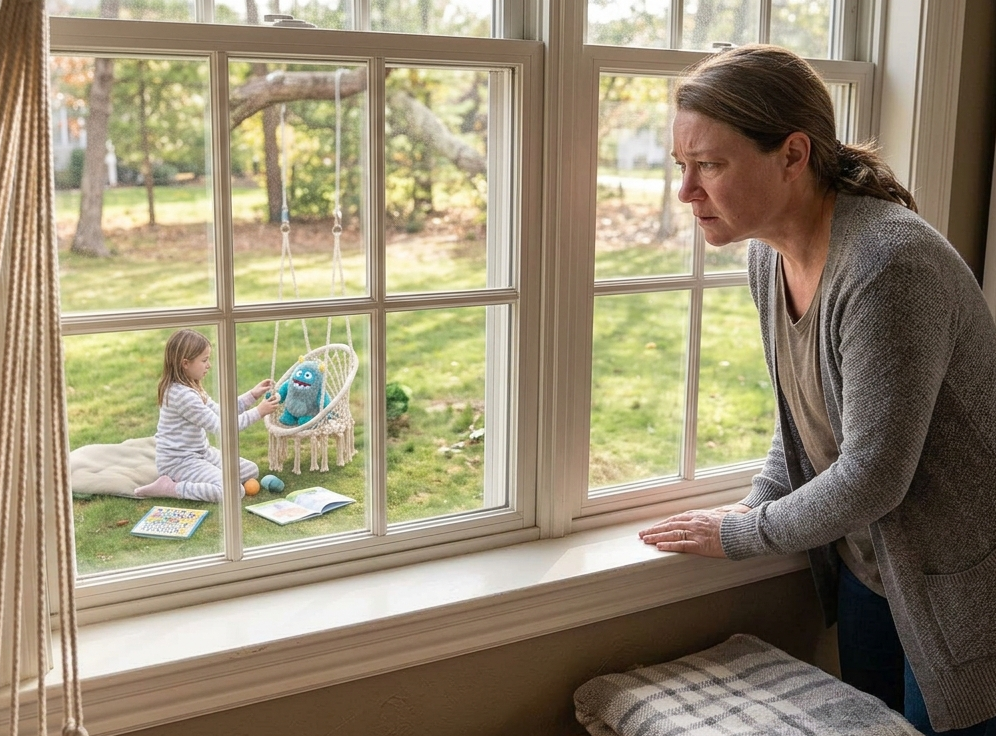 worried mom looking outside window at child with emotional regulation issues